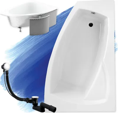 Image de Baignoire d'angle 160x105 droite avec revêtement en polystyrène, écoulement & pieds S | Set complet 4in1 baignoire originale acrylique siphon | BADLAND FRIDA
