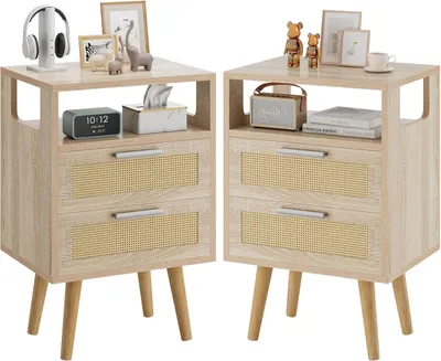 Immagine prodotto di Tavolino da notte in rattan - Tavolino di servizio - Comodino - Set di comodini - Tavolino da caffè in stile bohémien