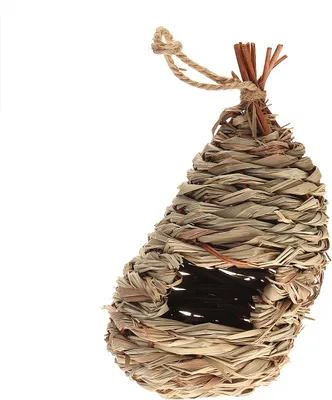Imagen del producto de Pequeña casa para colgar, ideal para pájaros colibríes, hecha a mano con paja y cuerda. También apta para hámsteres y otras mascotas pequeñas