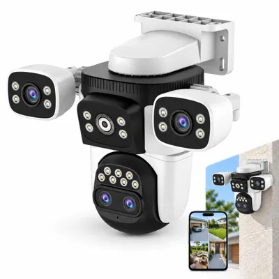 Produktbild von WLAN Kamera außen 4 Linsen – 2–10x Zoom, schwenkbar, Farbnachtsicht, Bewegungsverfolgung, Zwei-Wege-Audio – inkl. 64 GB microSD-Karte