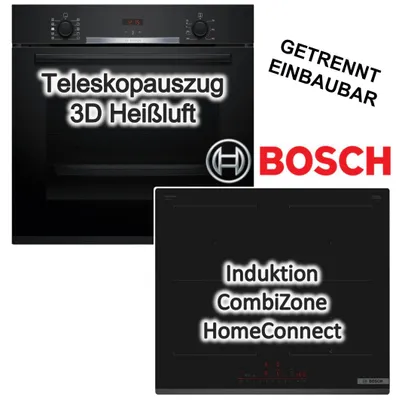 Produktbild von Herdset BOSCH Backofen Hydrolyse Teleskopauszug + Induktionskochfeld CombiZone autark 60 cm