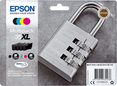 A multipack of Epson ink cartridges and a combination lock are displayed on a gray, textured background.