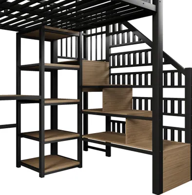 Produktbild von Flieks Etagenbett 140x200cm mit Schreibtisch und Regal, Hochbett mit Treppe, Jugendbett mit Led und Lattenrost, Kinderbett Metallbett Schwarz
