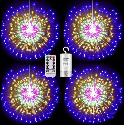 Produktbild von 4 Stück Feuerwerk Lichterkette Bunt, 200LEDs Weihnachtsbeleuchtung Dimmbar Fernbedienung,Deko Aussen Innen Batteriebetrieben 8 Modi Fenster Balkon