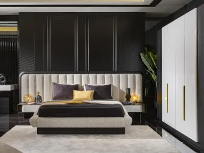 Produktbild von Elegantes schwarzes Holz-Bett mit Nachttischen im modernen Stil
