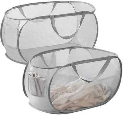Image de 2 paniers à linge de 75 l, pliables, 36 x 36 x 58 cm, avec poignée, en filet