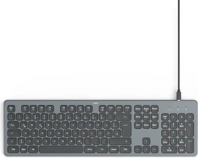 A top-down view of a gray wired keyboard on a white background.