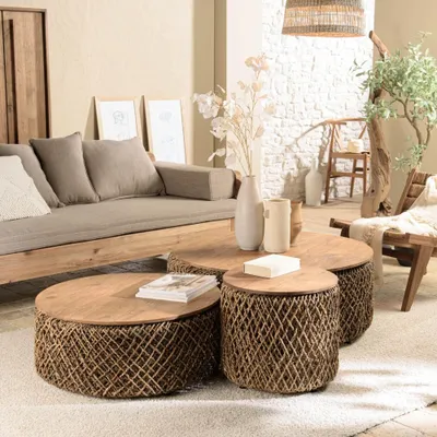 Produktbild von SIXTINE – Set aus 3 runden Couchtischen aus Kokosfasergeflecht