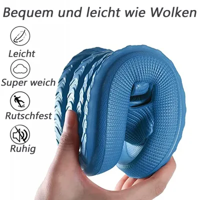 A hand holding a blue slipper, with promotional text and icons on the left side.
