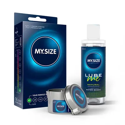 Produktbild von MY.SIZE Vorteilspack Kondome 47 mm, 10er Pack + Natural Gleitgel 100 ml + Massagekerze