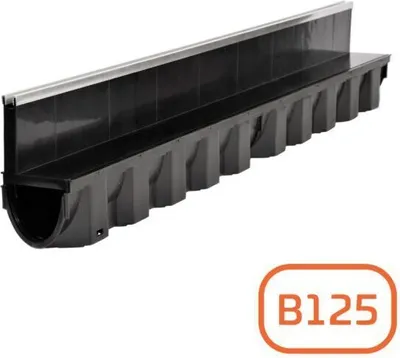 A black drainage channel with a silver metal grate on top, shown from a slightly elevated side angle against a white background. An orange oval badge with 'B125' inside is in the bottom right corner.