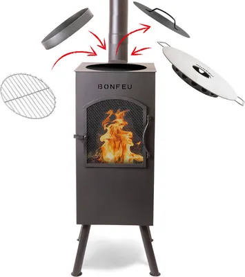 A BonFeu outdoor stove with accessories shown around it, indicating assembly or usage options.