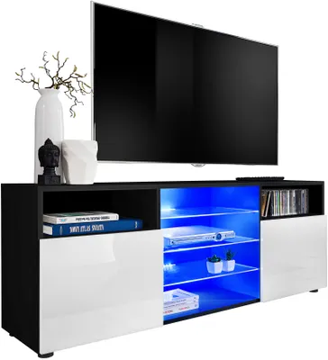 Obrázek produktu pro Extreme Furniture T38 TV Skříňka | Skříňka Do Obývacího Pokoje Se 3 Skleněnými Policemi A 2 Dvířky Černý Korpus A Bílé Čela