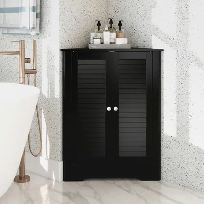 Produktbild von Eckschrank Bad, Badezimmerschrank mit Türen, Badschrank mit Verstellbarer Ablage, Unterschrank Beistellschrank für Badezimmer, Küche, Wohnzimmer (Schwarz)