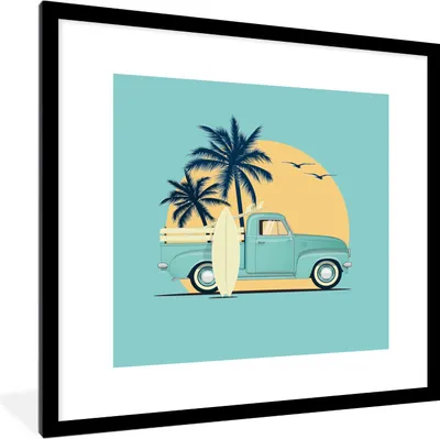 Produktbild von MuchoWow® MuchoWow® Gerahmtes Poster Auto - Sonne - Surfbrett - Zeichnung 40x40 cm - Poster mit zchwarzem Bilderrahmen - Poster - Plakat im Rahmen