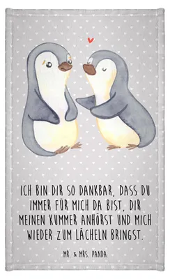 Produktbild von Mr. & Mrs. Panda Gästetuch Pinguine trösten - Grau Pastell - Geschenk, für Partner, Handtuch Klein, Freundin, Hochzeitstag, Kleines, Mitbringsel, baumwolle, Valentinstag
