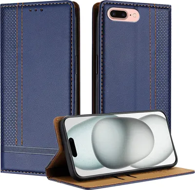 Produktbild von Handyhülle für iPhone 8 Plus/7 Plus/6s Plus/6 Plus Leder Flip Klappbare Schutzhülle mit Standfunktion Blau