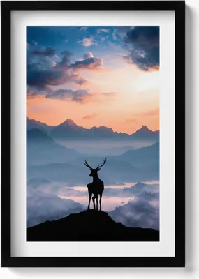 Produktbild von Hirsche auf dem Gipfel eines Berges– Wandbild mit Rahmen – Gerahmtes Bild  – Wanddekoration – 40x60 cm –  Schwarz