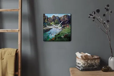 Produktbild von Coloray Hodiny Unikátní 30x30 cm  Tiché hodiny Pro obývací pokoj a kuchyň Nástěnné hodiny Plátno Bílé ručičky hodin - Strom horských koní řeky