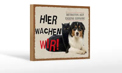 Produktbild von Holzschild Spruch 18x12 cm Hund Katze hier wachen wir Geschenk