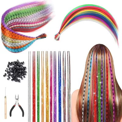 Produktbild von 60 Stück Bunte Haarverlängerungs Set, Kunst haare Extensions Haarsträhnen Kinder, Haarschmuck Bunte Haarsträhnen Kinder, Haarschmuck Haarteil Zange Häkchen mit 100 Perlen Ponytail Braids Clip