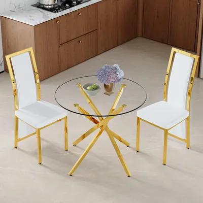 Image de Ensemble table et chaises, table ronde en verre de 88 cm avec piètement en croix + 2 chaises de salle à manger blanches à pieds dorés