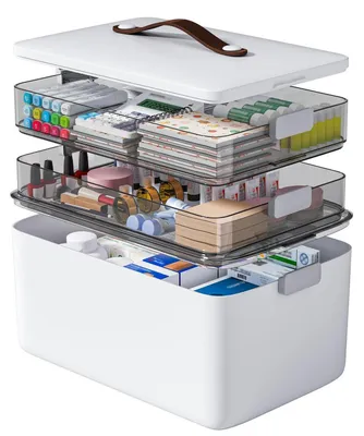 Produktbild von Medizin Organizer Box 3-stöckig, groß, leer, Erste-Hilfe-Kasten mit Griff, Aufbewahrungskoffer, Kunststoff, Weiß, 37 x 23 x 27.5 cm