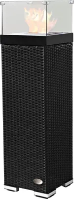 Produktbild von RS Trade Feuersäule, Schwarz, Aluminium, Edelstahl, Poly-Rattan, Höhe 120 cm x Breite 33 cm x Tiefe 33 cm, standfest, 4 Glasscheiben, Korpus aus einem Stück, handgeflochten, für Innen- & Außenbereich geeignet, Ethanol, bis zu 7h Brenndauer, UV-, Salz- & Chlorwasser-beständig