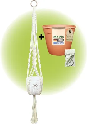 Produktbild von MePla - Set - Ampel Makramee Naturbeige - Boston ø13 Weiss + Pflanztopf ø12 + Beipack-Set 21550-001