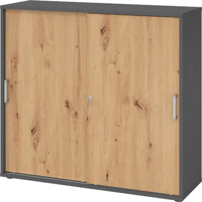 Produktbild von bümö Schiebetürenschrank office - 3 Ordnerhöhen - Nachbildung: Graphit/Asteiche, Griff: Chromgriff (Metall)