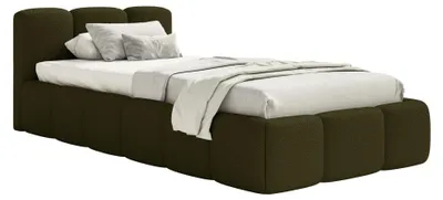 Produktbild von Selsey Cloudy Low – Polsterbett 90x200 cm, Bettkasten & Lattenrost, Bouclé Olivgrün