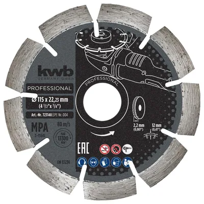 Zdjęcie produktu dla kwb 723140, Tarcza tnąca, Beton, Granit, Twardy beton, Kamień naturalny, Kamień, Dowolna marka, 2,2 cm, 11,5 cm, 1 cm