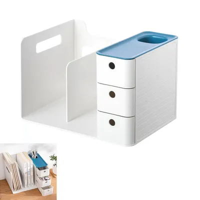 Produktbild von Schreibtisch Organizer, Klassischer Schreibtisch-Organizer aus weißem Kunststoff, 2 Bücherhalter mit 3 Schubladenboxen, 1 Stifthalter, 29x21x19cm