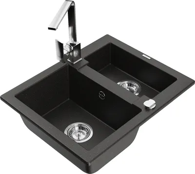 Produktbild von Mexen Carlos 1,5-Becken-Granitspüle mit Mischbatterie Rita, Schwarz/Gold metallisch - 6518-75-670300-00