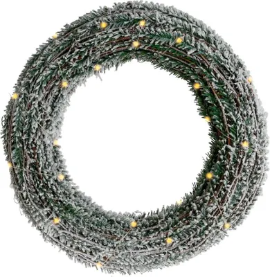 A Christmas wreath with LED lights on a white background.