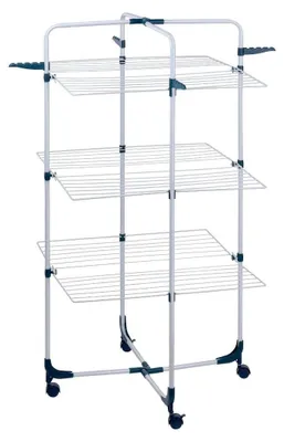 Produktbild von Dirt Devil Wäscheständer ‑ Ca. 30 kg Tragkraft ‑ 3 Ebenen mit 6 Ablagen ‑ Ca. 30 m Wäscheleine Länge ‑ 4 Haken für Kleiderbügel ‑ Rollen
