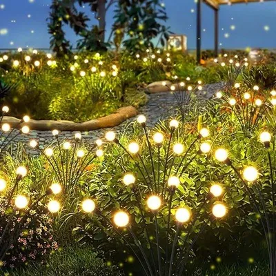 Obrázok produktu pre Solárne vonkajšie osvetlenie, LED svietidlá na solárnu energiu, vodotesné vonkajšie osvetlenie, dekoratívne vonkajšie osvetlenie v teplej bielej farbe s efektom svätojánskych mušiek, osvetlenie exteriéru a terasy, sada 4 ks