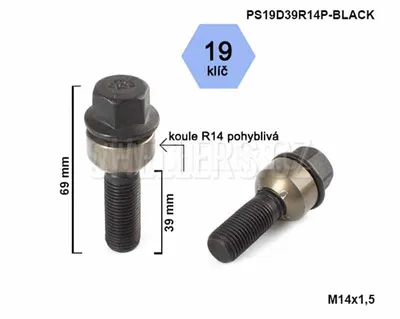 Obrázok produktu pre Skrutka kolesa M14x1,5x39 guľa R14 pohyblivá, čierna, kľúč 19, výška 69