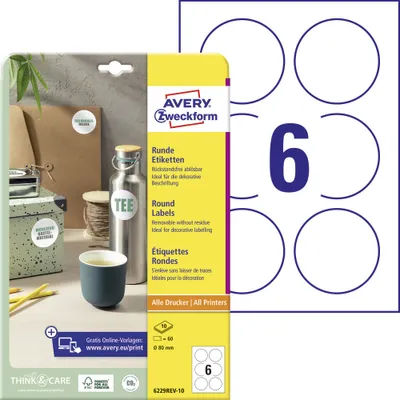 Produktbild von Avery Zweckform 6229REV-10 Runde Etiketten, ablösbar, A4, Ø 80 mm, weiß