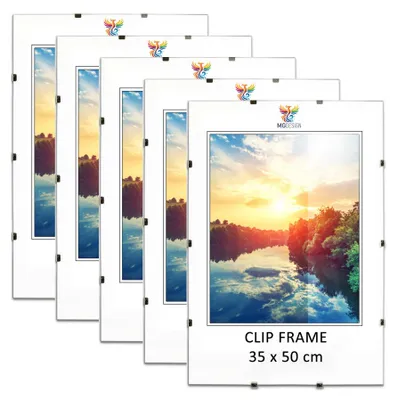 Produktbild von MG Design Cliprahmen Set 5 Stück in 35 x 50 cm - Rahmenlose Bilderrahmen mit Acrylglas & HDF-Rückwand für Fotos, Poster & Puzzle, vertikal & horizontal