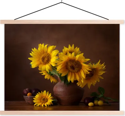 Produktbild von MuchoWow® Textilposter Sonnenblumen - Vase - Stilleben 150x113 cm mit holzfarbenen Rahmen - Poster