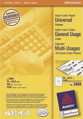 Produktbild von Avery Zweckform 3669 Universal-Etiketten, 70 x 50,8 mm, 100 Blatt/1.500 Etiketten, weiß