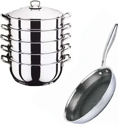 Produktbild von Ø28 cm Set Bratpfanne Antihaft Wabenbeschichtung + Mantowarka mit Stahldeckel Gardampfkochtopf aus 18/10 Edelstahl Induktion