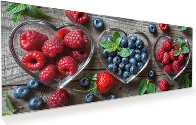 Produktbild von Glasbild 150x60cm in XXL für Wohnzimmer, Schlafzimmer Motiv Herzschalen Beeren