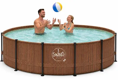 Produktbild von HAF - Swing Frame Pool rund Holz-Optik (Ø 366 cm, 91 cm tief) - Gartenpool mit 8.300 Liter - UV-geschützt & korrosionsbeständig - inkl. Skimmer