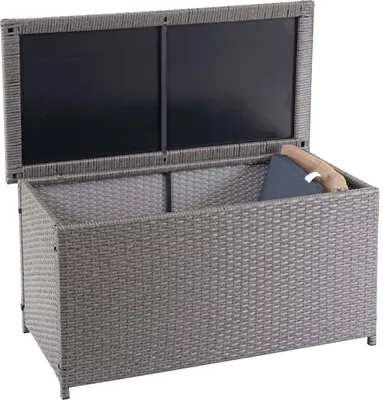Produktbild von Poly-Rattan Kissenbox HWC-D88, Gartentruhe Auflagenbox Truhe  Basic grau, 51x115x59cm 250l