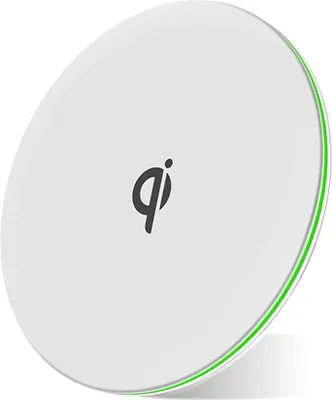 A white wireless charging pad with a green accent around the edge and a black 'qi' logo in the center.