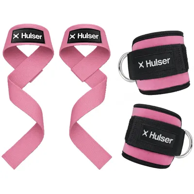 Produktbild von Hulser Sportliches Bundle – 2 Ankle Straps & 2 Lifting Straps – Rosa – Fußschlaufen – Handgelenk Straps – Gym Lifting Grips – Krafttraining
