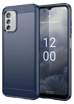 A blue phone case is shown next to a smartphone displaying the time and date.