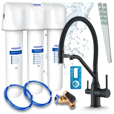 Productafbeelding van Keukenmengkraan met waterfilter, Ari Magneto, mengkraan met twee grepen, mat zwart, messing, keramische cartridge, 360 graden draaibaar, perlator, 2 uitlopen
